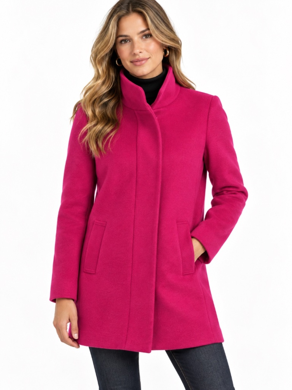 J.Crew City Coat Fuchsia Pink Wool Blend Stand Collar Hidden Button Women’s 2